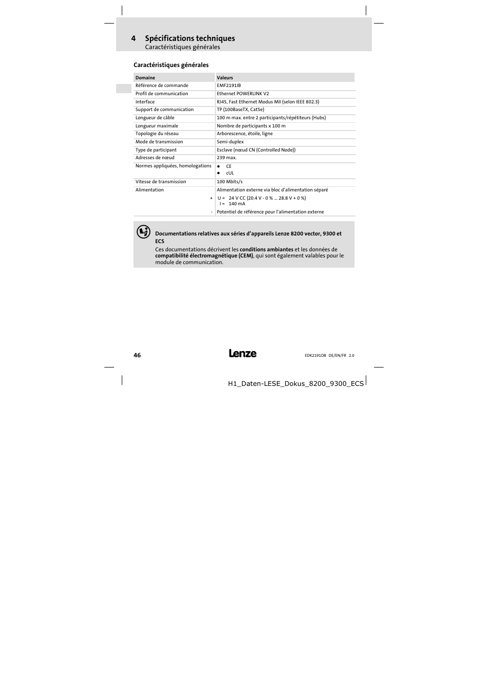 4 spécifications techniques, Caractéristiques générales, Spécifications techniques | 4spécifications techniques | Lenze EMF2191IB User Manual | Page 46 / 58