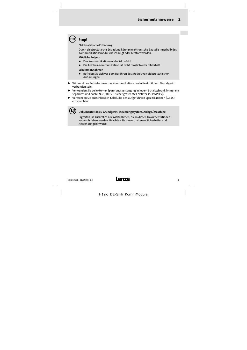 2 sicherheitshinweise, Sicherheitshinweise | Lenze EMF2191IB User Manual | Page 7 / 58
