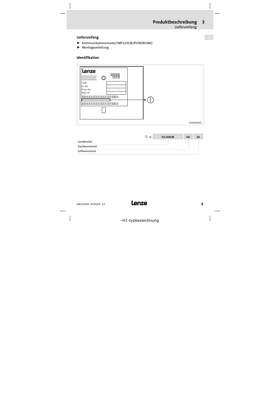 Lieferumfang, Identifikation | Lenze EMF2191IB User Manual | Page 9 / 58