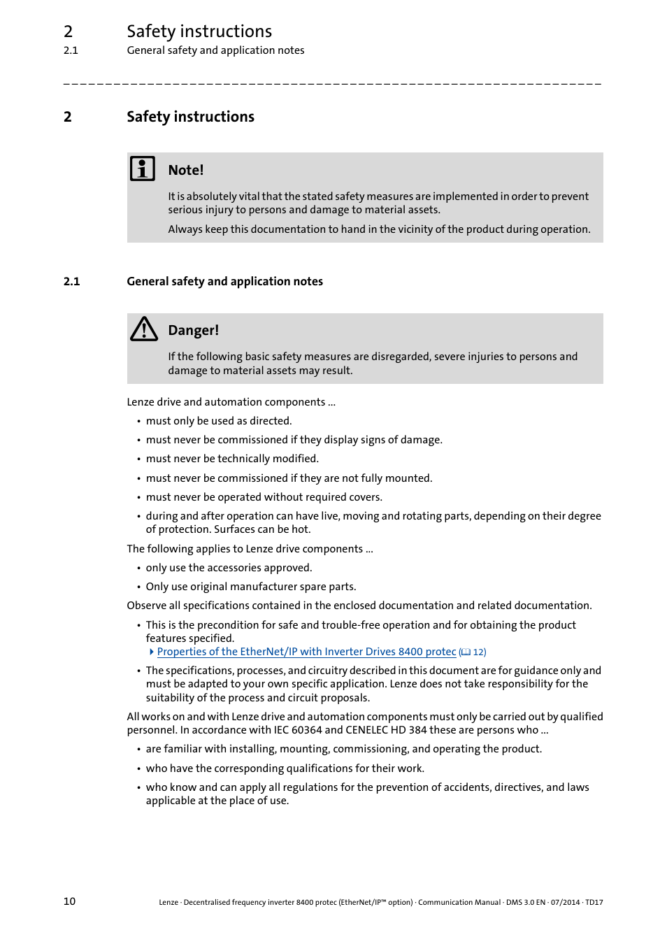 2 safety instructions, 1 general safety and application notes, Safety instructions | General safety and application notes, 2safety instructions | Lenze E84Dxxxx User Manual | Page 10 / 147