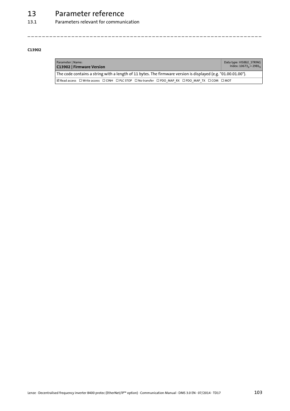 C13902 | firmware version, 13 parameter reference | Lenze E84Dxxxx User Manual | Page 103 / 147