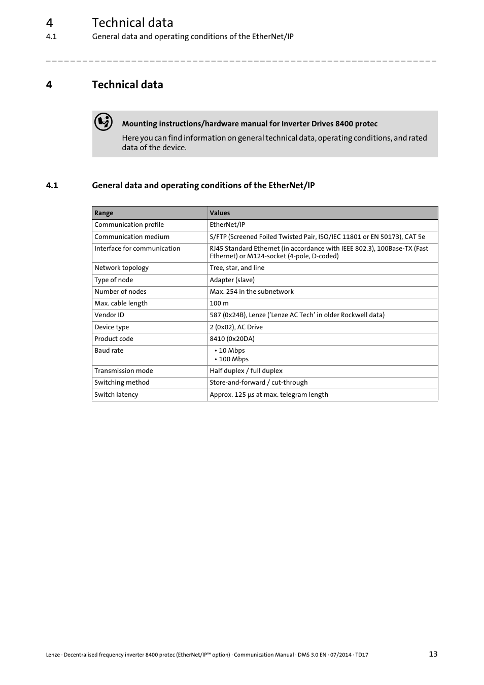 4 technical data, Technical data, 4technical data | Lenze E84Dxxxx User Manual | Page 13 / 147