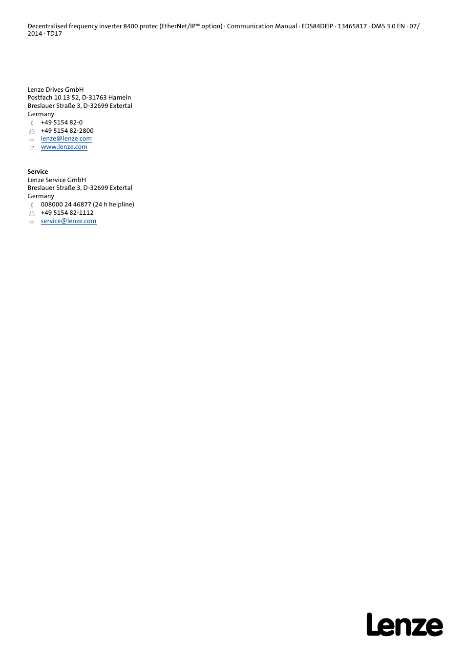 Lenze E84Dxxxx User Manual | Page 147 / 147