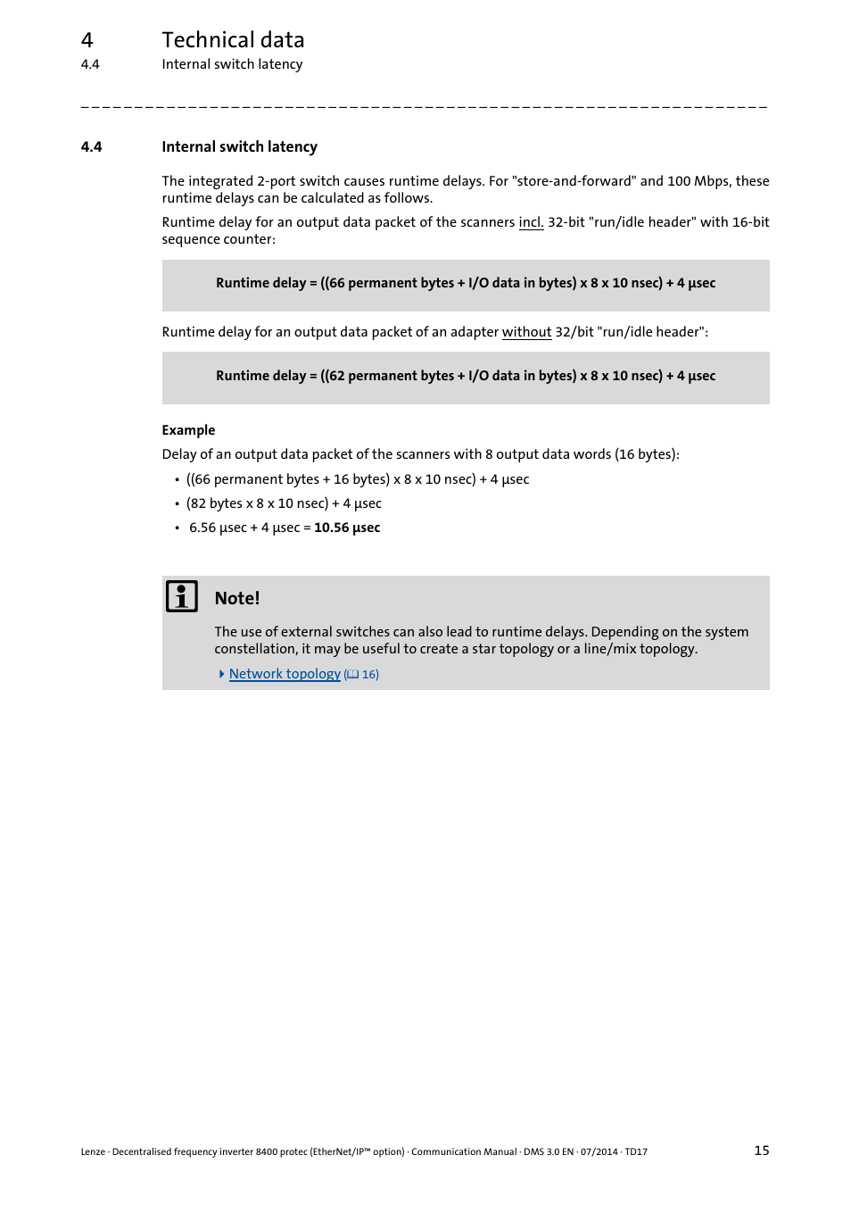 4 internal switch latency, Internal switch latency, 4technical data | Lenze E84Dxxxx User Manual | Page 15 / 147