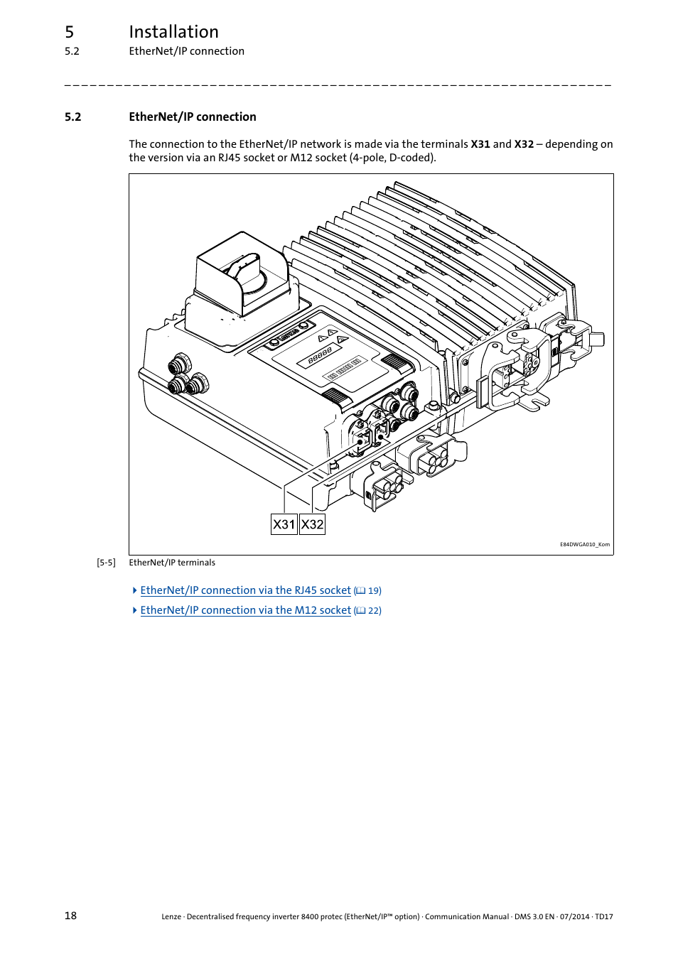 2 ethernet/ip connection, Ethernet/ip connection, 5installation | Lenze E84Dxxxx User Manual | Page 18 / 147