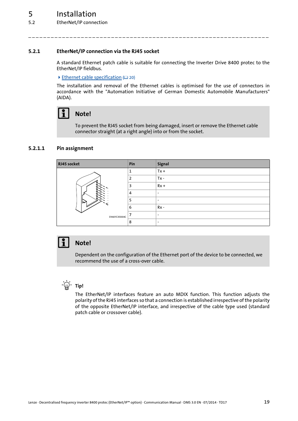 1 ethernet/ip connection via the rj45 socket, 1 pin assignment, Ethernet/ip connection via the rj45 socket | 5installation | Lenze E84Dxxxx User Manual | Page 19 / 147