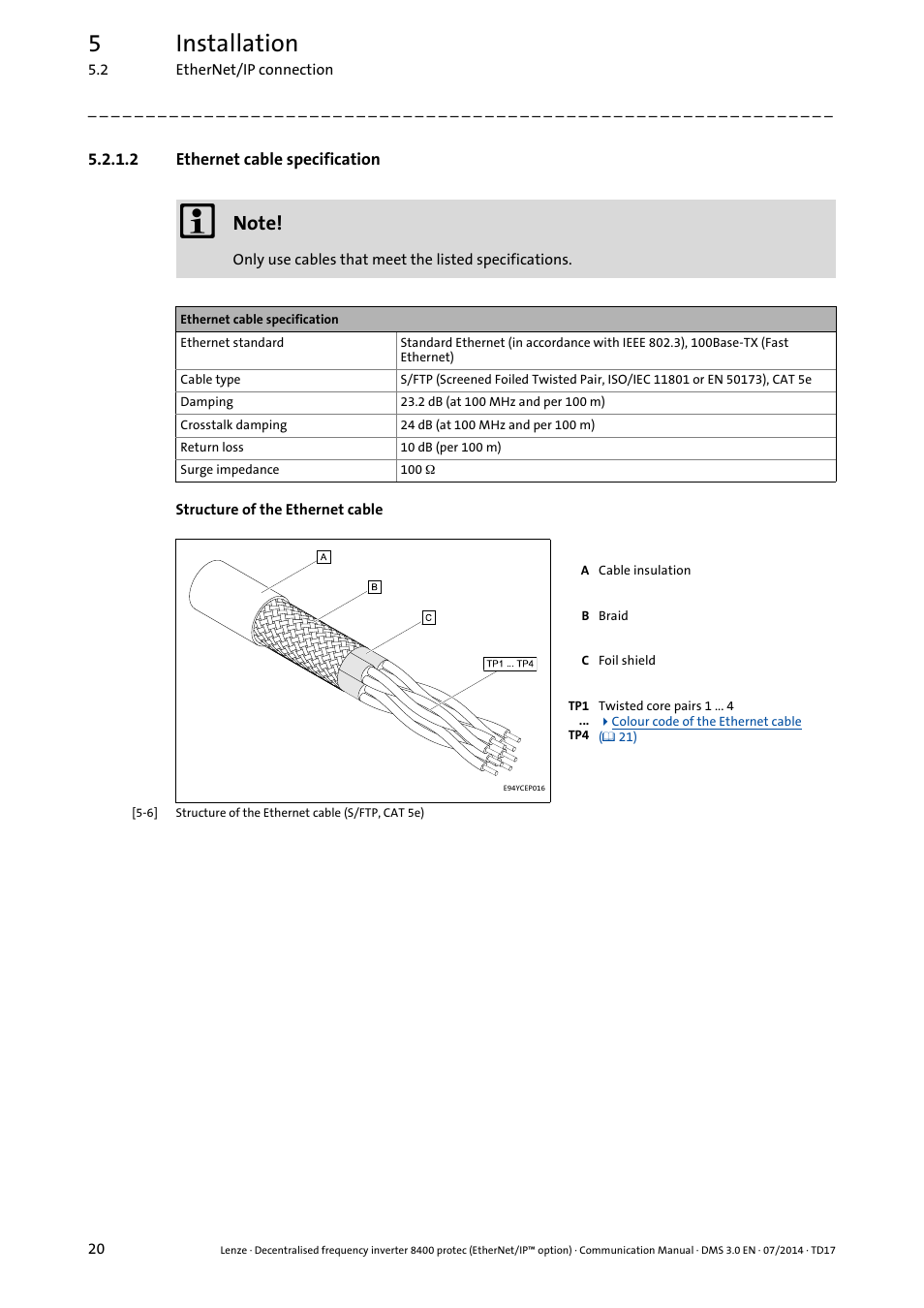 2 ethernet cable specification, Ethernet cable specification, 5installation | Lenze E84Dxxxx User Manual | Page 20 / 147