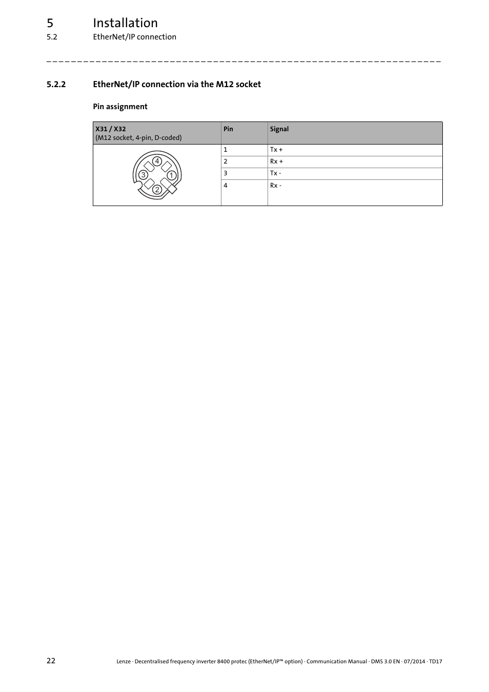 2 ethernet/ip connection via the m12 socket, Ethernet/ip connection via the m12 socket, 5installation | Lenze E84Dxxxx User Manual | Page 22 / 147