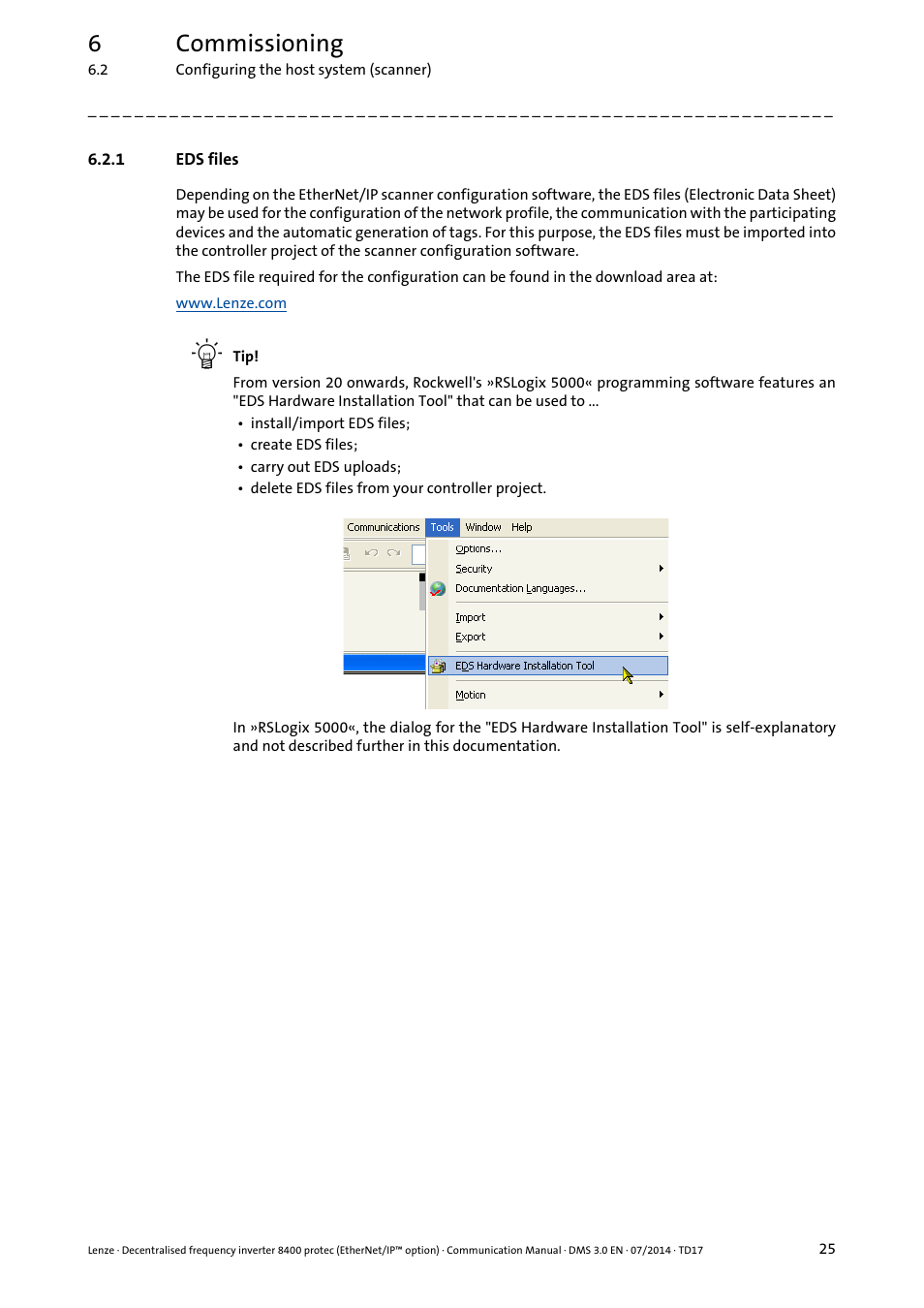 1 eds files, Eds files, 6commissioning | Lenze E84Dxxxx User Manual | Page 25 / 147