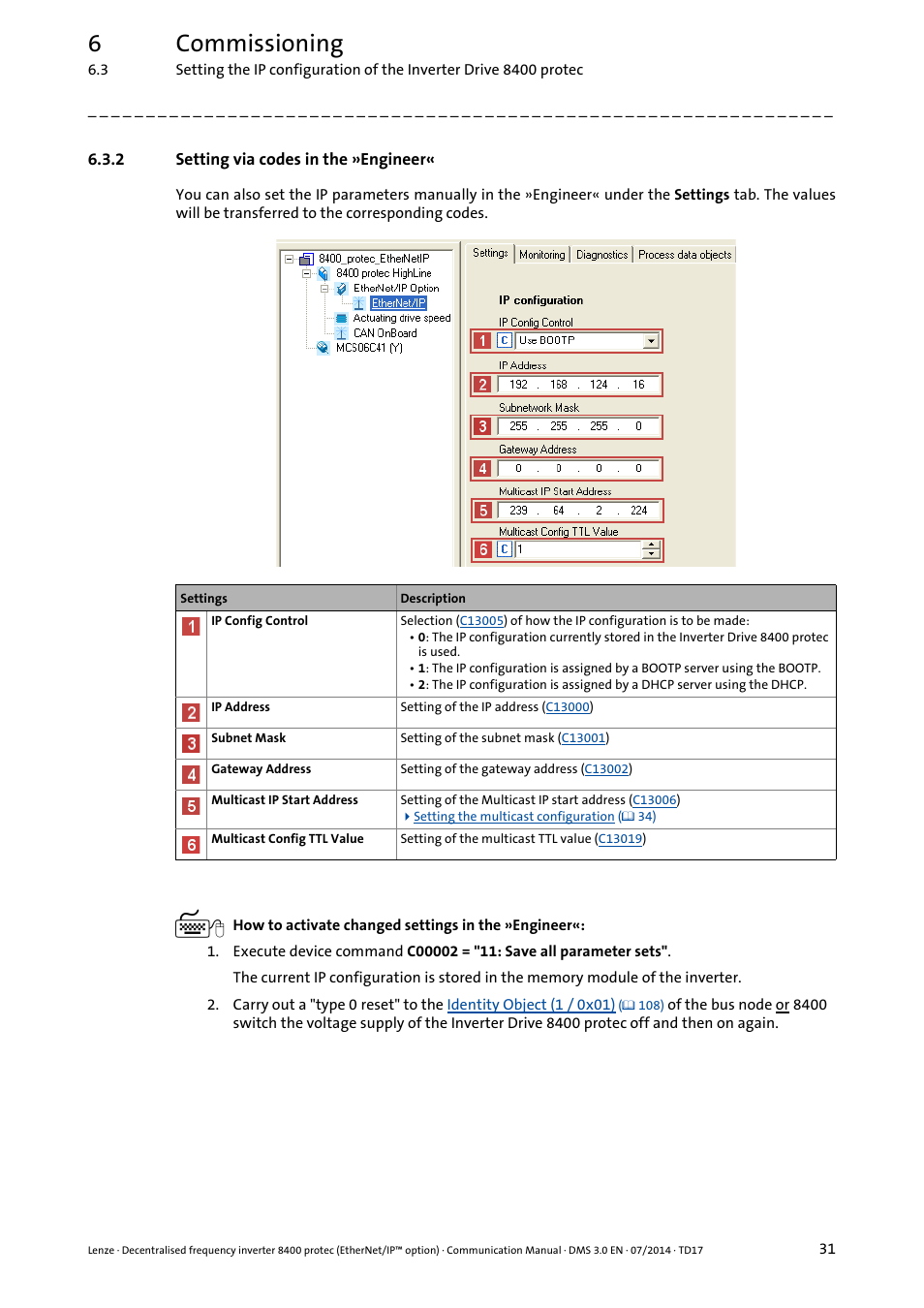 2 setting via codes in the »engineer, Setting via codes in the »engineer, 6commissioning | Lenze E84Dxxxx User Manual | Page 31 / 147