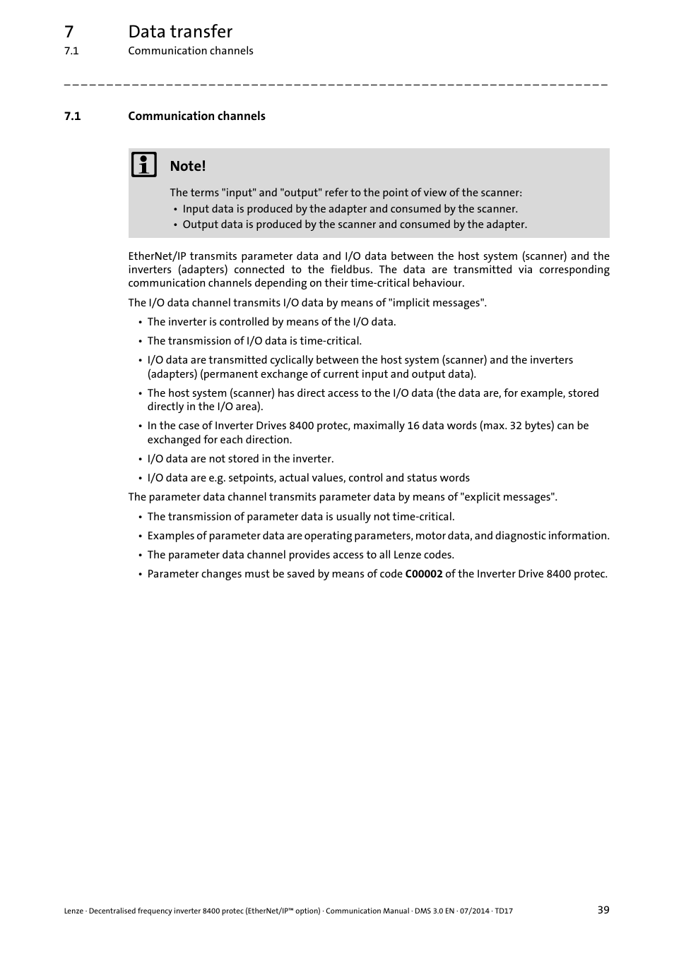 1 communication channels, Communication channels, 7data transfer | Lenze E84Dxxxx User Manual | Page 39 / 147