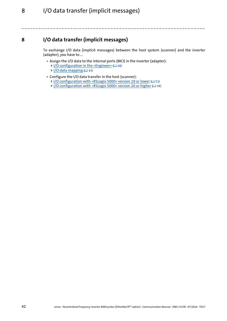 8 i/o data transfer (implicit messages), I/o data transfer (implicit messages), I/o data transfer (implicit messages) ( 42) | 8i/o data transfer (implicit messages) | Lenze E84Dxxxx User Manual | Page 42 / 147