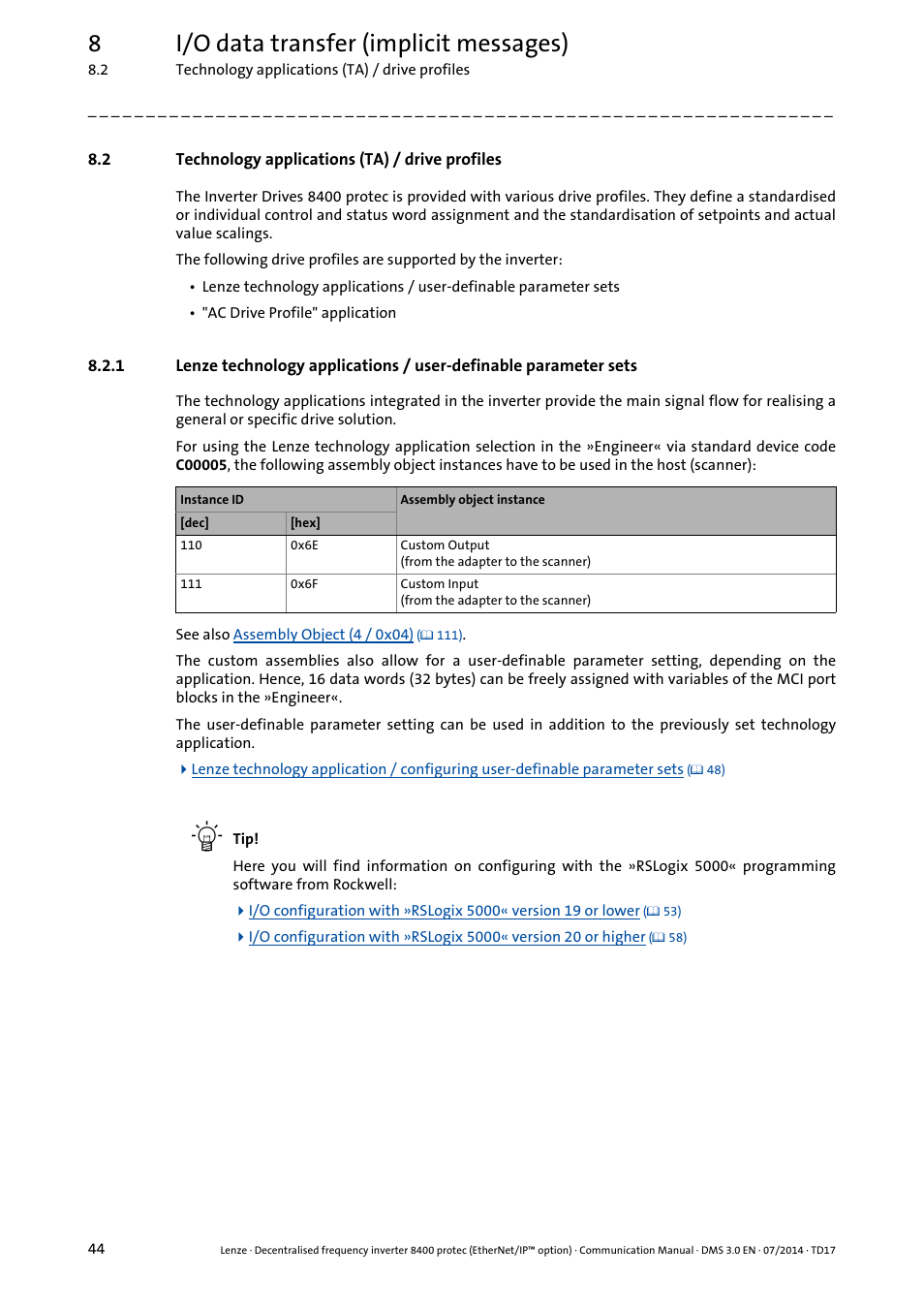 2 technology applications (ta) / drive profiles, Technology applications (ta) / drive profiles, 8i/o data transfer (implicit messages) | Lenze E84Dxxxx User Manual | Page 44 / 147