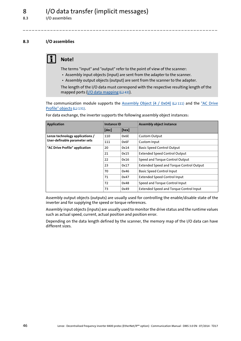 3 i/o assemblies, I/o assemblies, 8i/o data transfer (implicit messages) | Lenze E84Dxxxx User Manual | Page 46 / 147