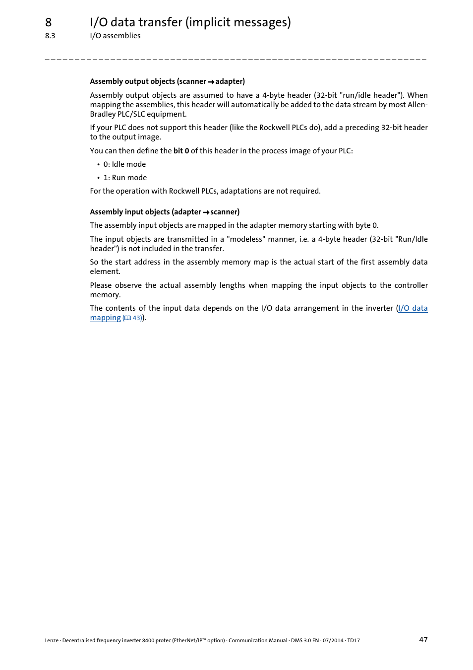 8i/o data transfer (implicit messages) | Lenze E84Dxxxx User Manual | Page 47 / 147