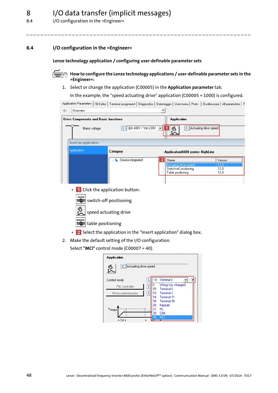 4 i/o configuration in the »engineer, I/o configuration in the »engineer, 8i/o data transfer (implicit messages) | Lenze E84Dxxxx User Manual | Page 48 / 147