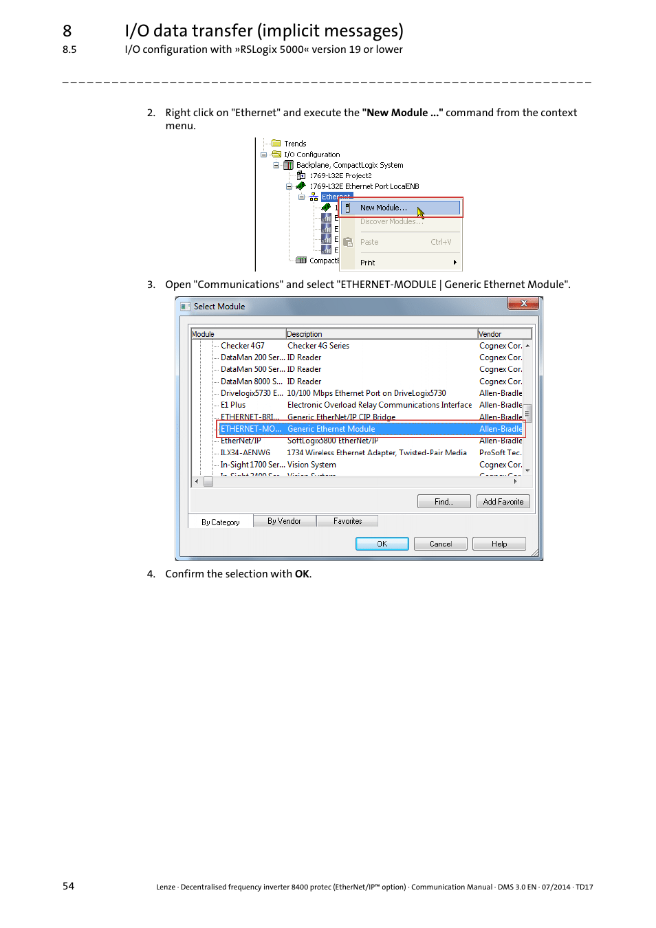 8i/o data transfer (implicit messages) | Lenze E84Dxxxx User Manual | Page 54 / 147