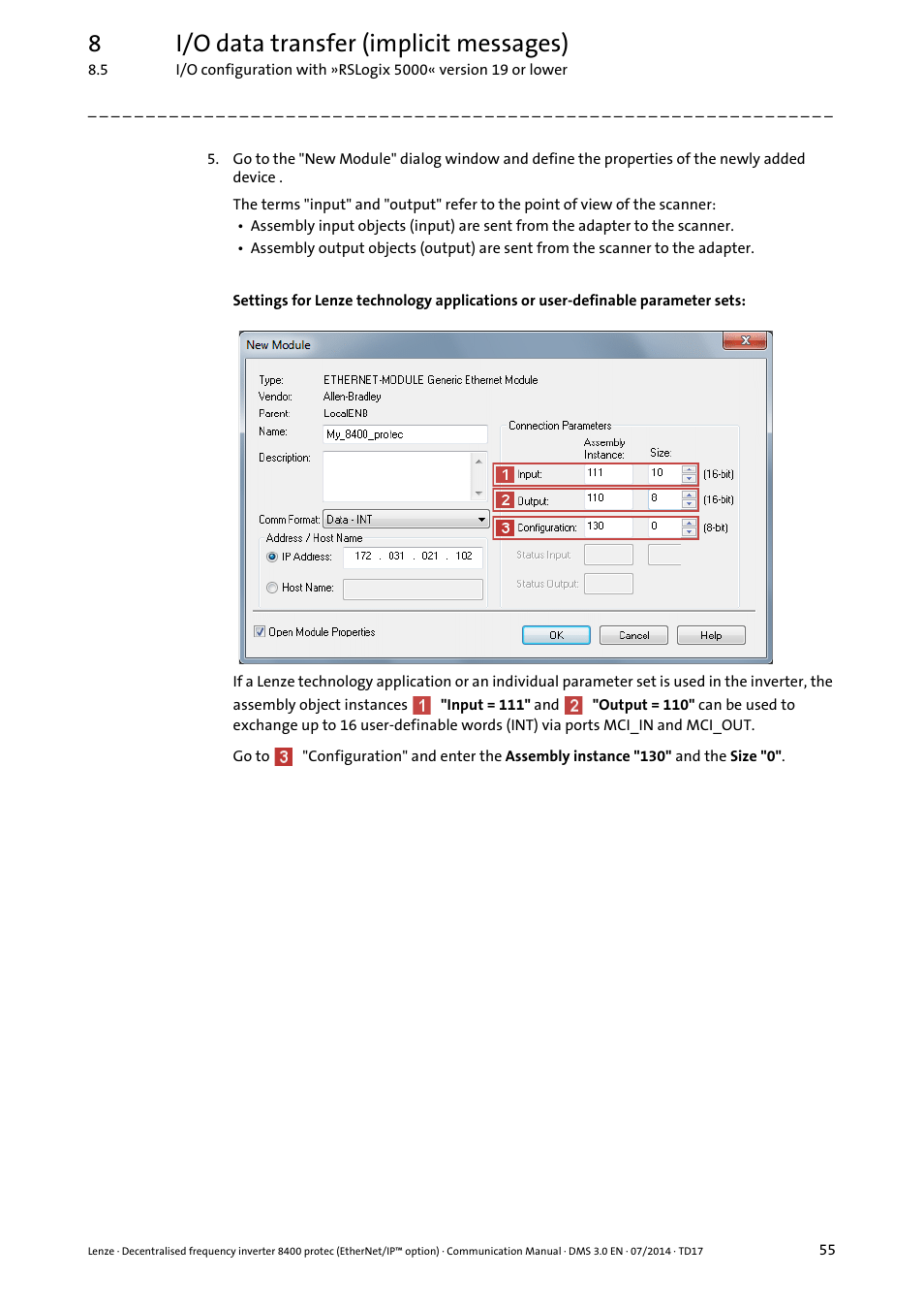 8i/o data transfer (implicit messages) | Lenze E84Dxxxx User Manual | Page 55 / 147