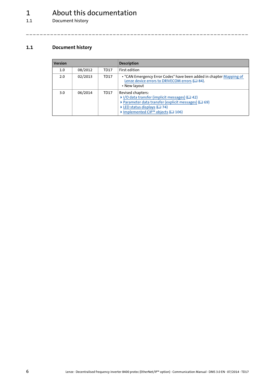 1 document history, Document history, 1about this documentation | Lenze E84Dxxxx User Manual | Page 6 / 147