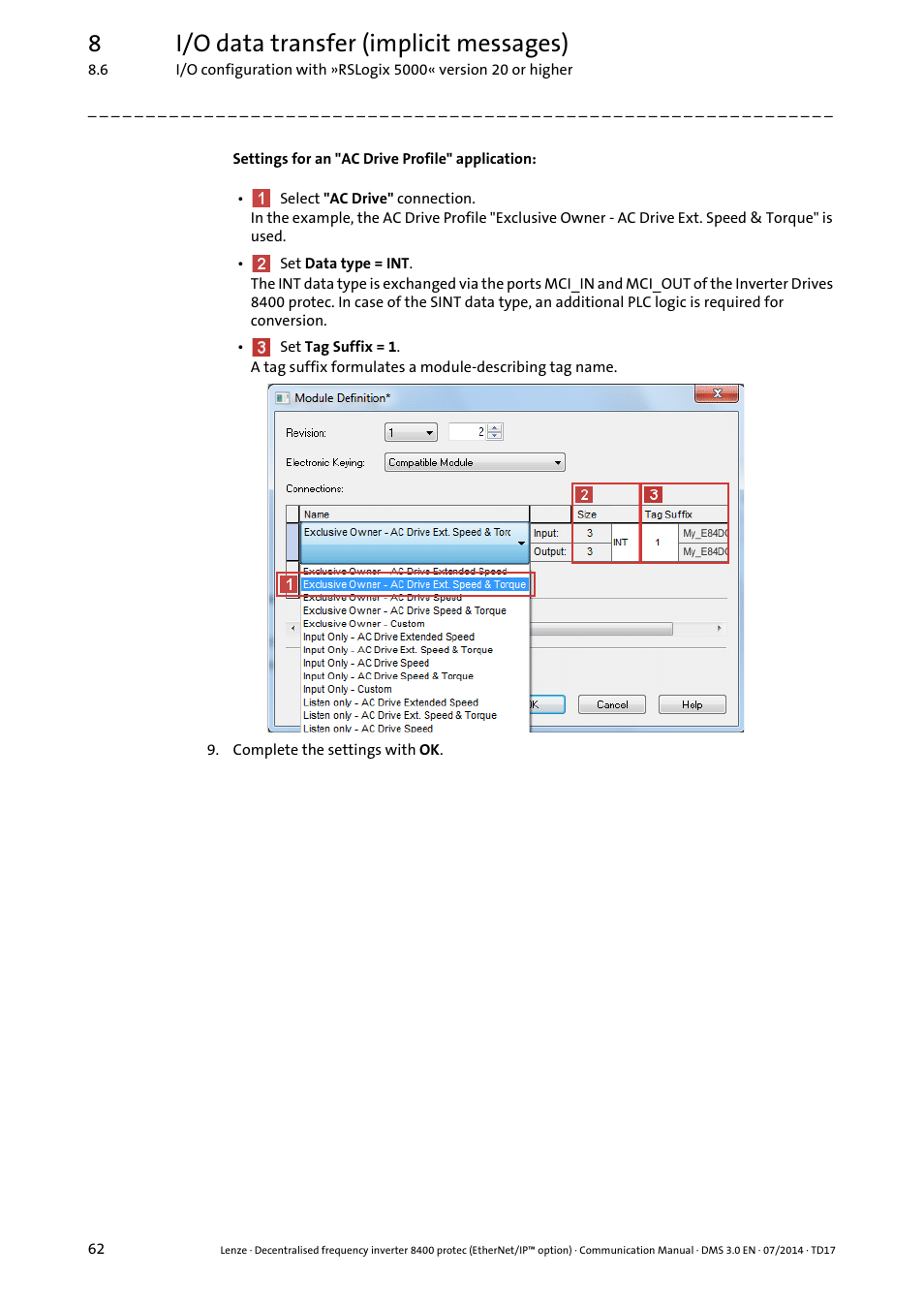 8i/o data transfer (implicit messages) | Lenze E84Dxxxx User Manual | Page 62 / 147