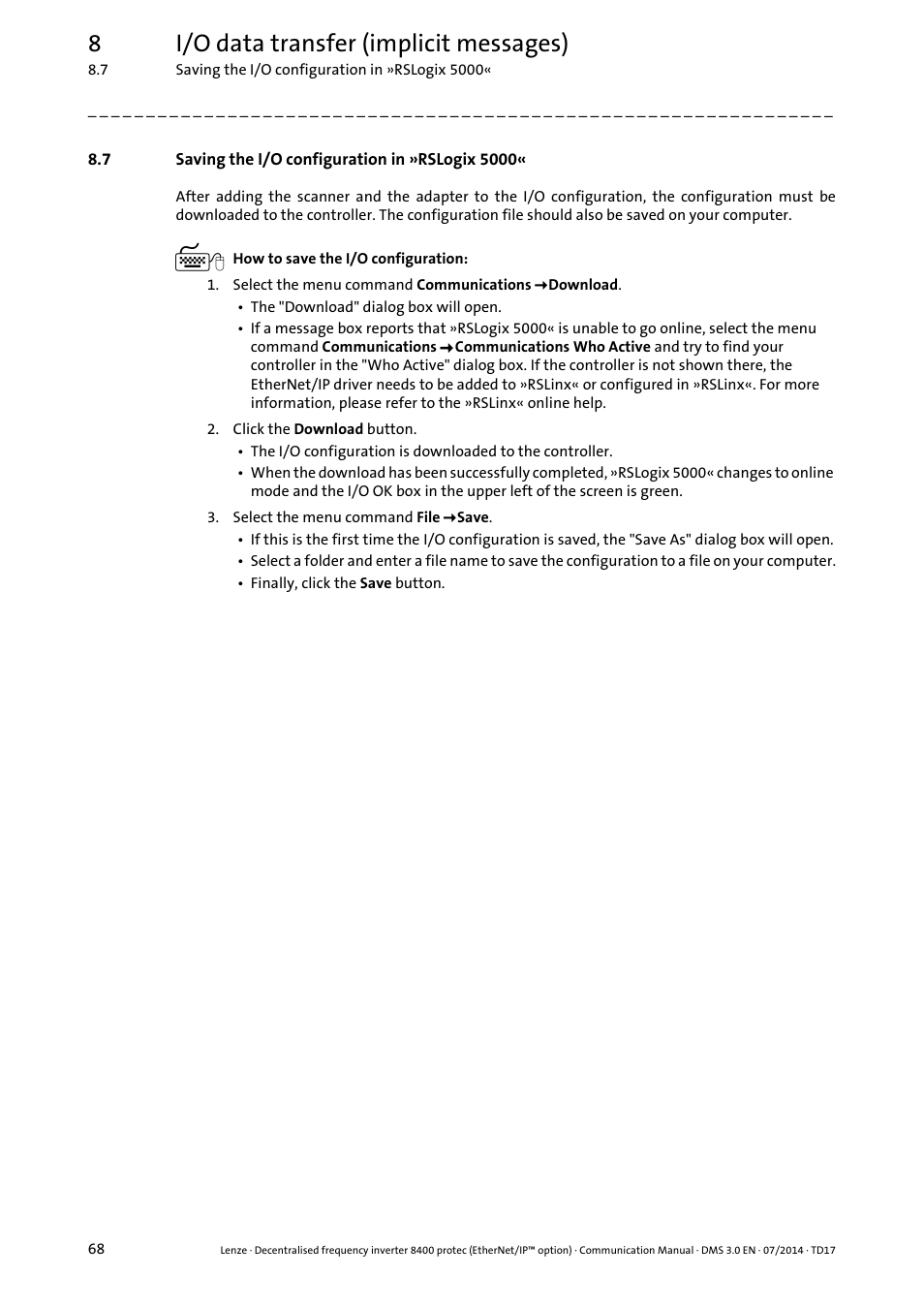 7 saving the i/o configuration in »rslogix 5000, Saving the i/o configuration in »rslogix 5000, 8i/o data transfer (implicit messages) | Lenze E84Dxxxx User Manual | Page 68 / 147