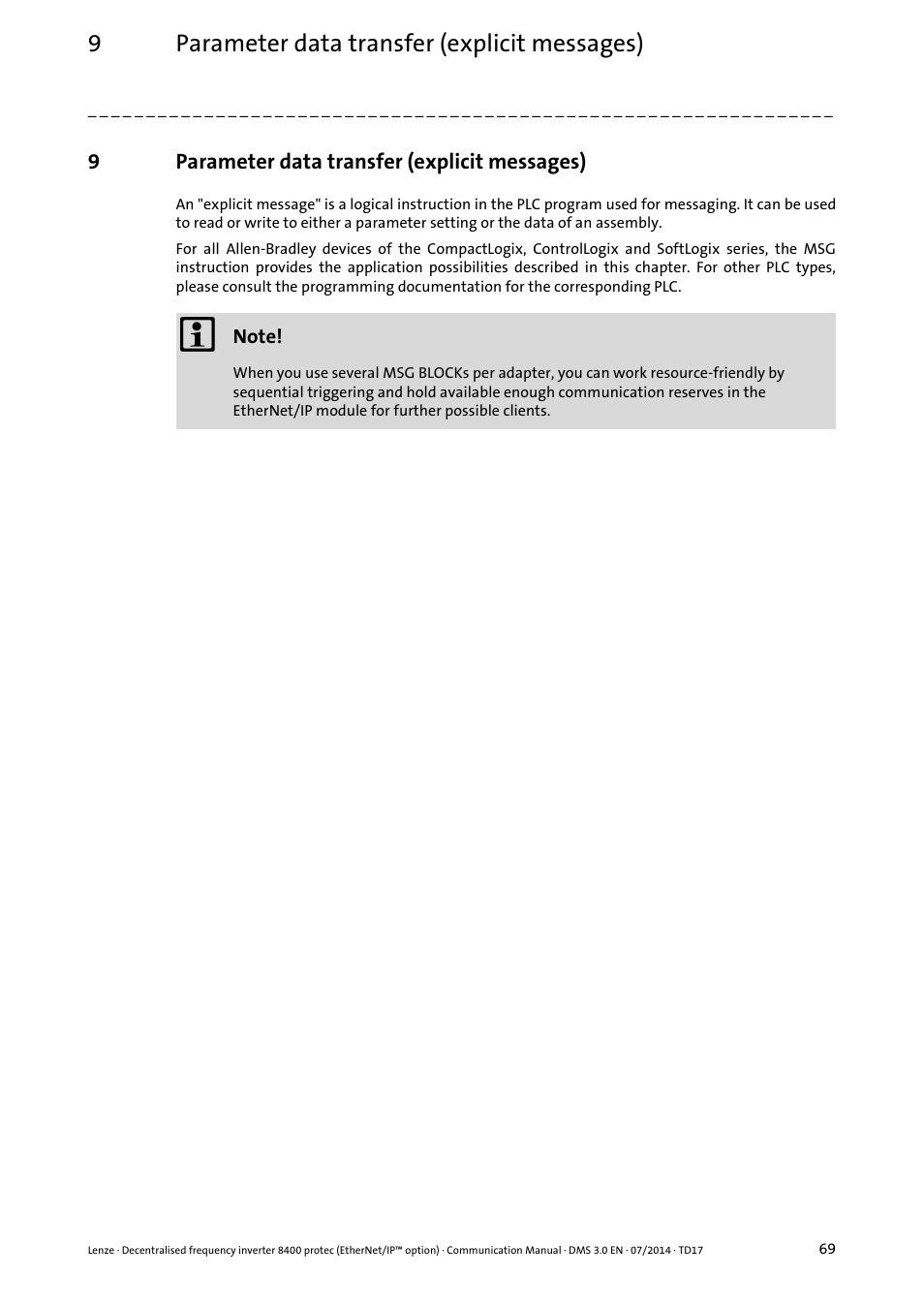 9 parameter data transfer (explicit messages), Parameter data transfer (explicit messages), Parameter data transfer (explicit messages) ( 69) | 9parameter data transfer (explicit messages) | Lenze E84Dxxxx User Manual | Page 69 / 147