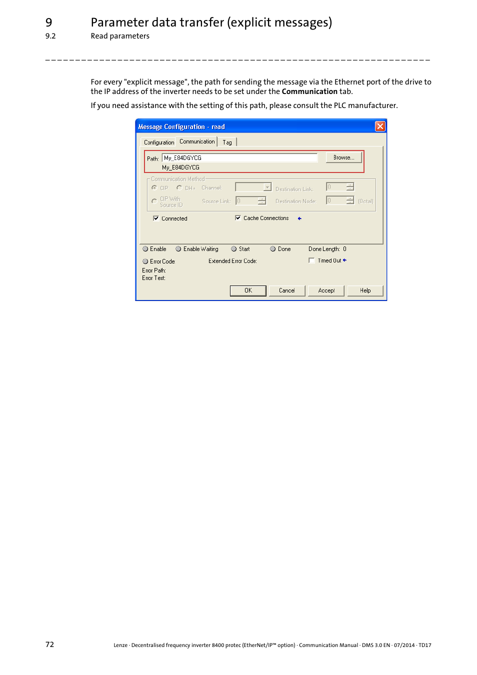 9parameter data transfer (explicit messages) | Lenze E84Dxxxx User Manual | Page 72 / 147