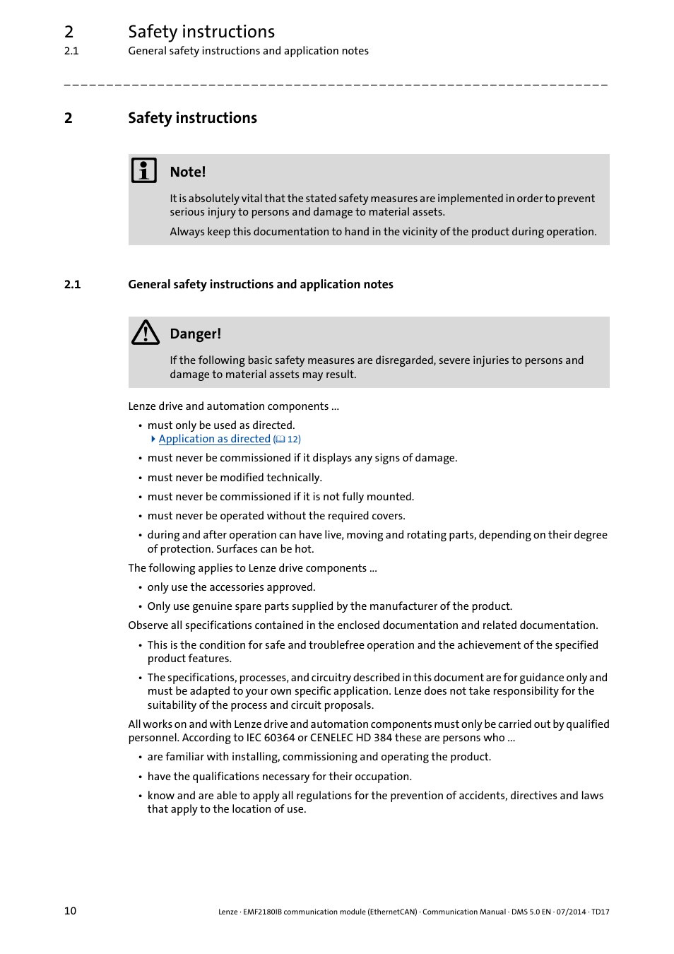 2 safety instructions, Safety instructions, General safety instructions and application notes | 2safety instructions | Lenze EMF2180IB User Manual | Page 10 / 71