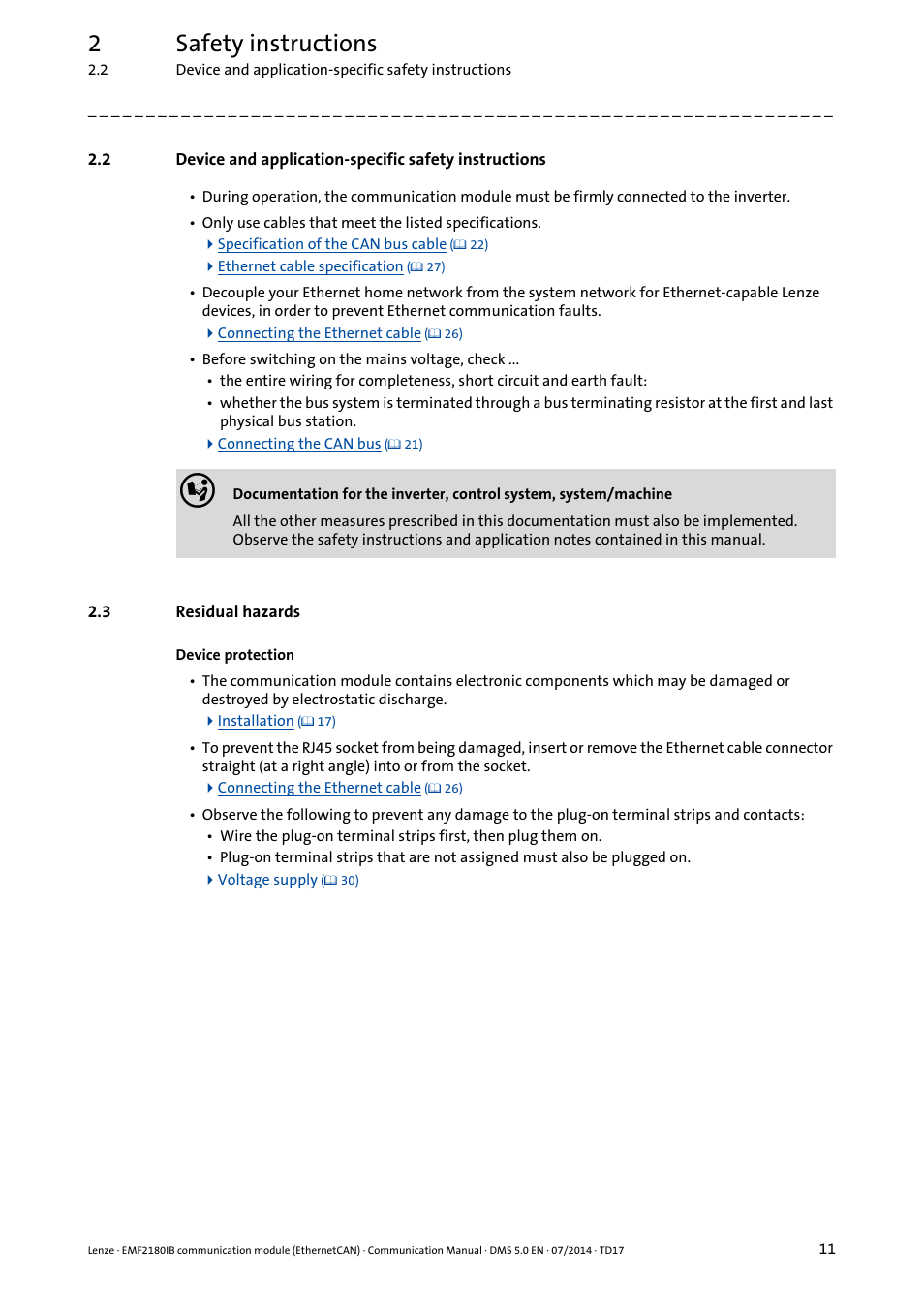 3 residual hazards, Residual hazards, 2safety instructions | Lenze EMF2180IB User Manual | Page 11 / 71