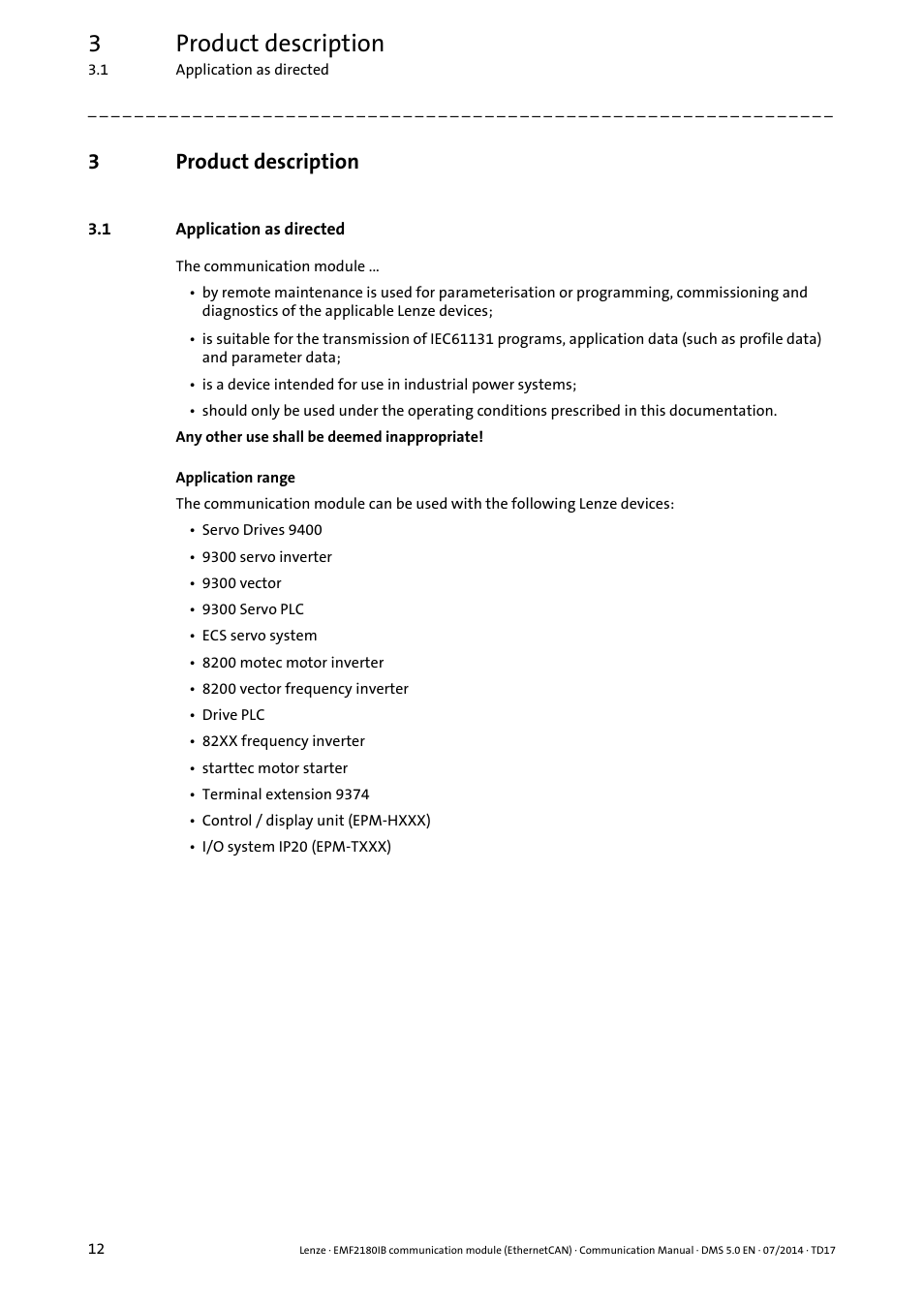 3 product description, 1 application as directed, Product description | Application as directed, 3product description | Lenze EMF2180IB User Manual | Page 12 / 71