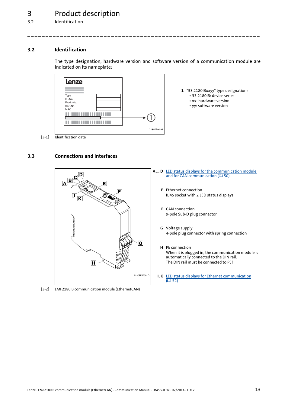 2 identification, 3 connections and interfaces, Identification | Connections and interfaces, 3product description | Lenze EMF2180IB User Manual | Page 13 / 71