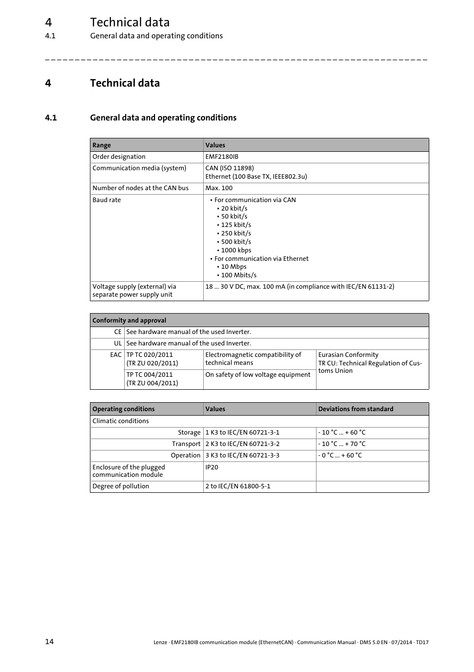 4 technical data, 1 general data and operating conditions, Technical data | General data and operating conditions, 4technical data | Lenze EMF2180IB User Manual | Page 14 / 71