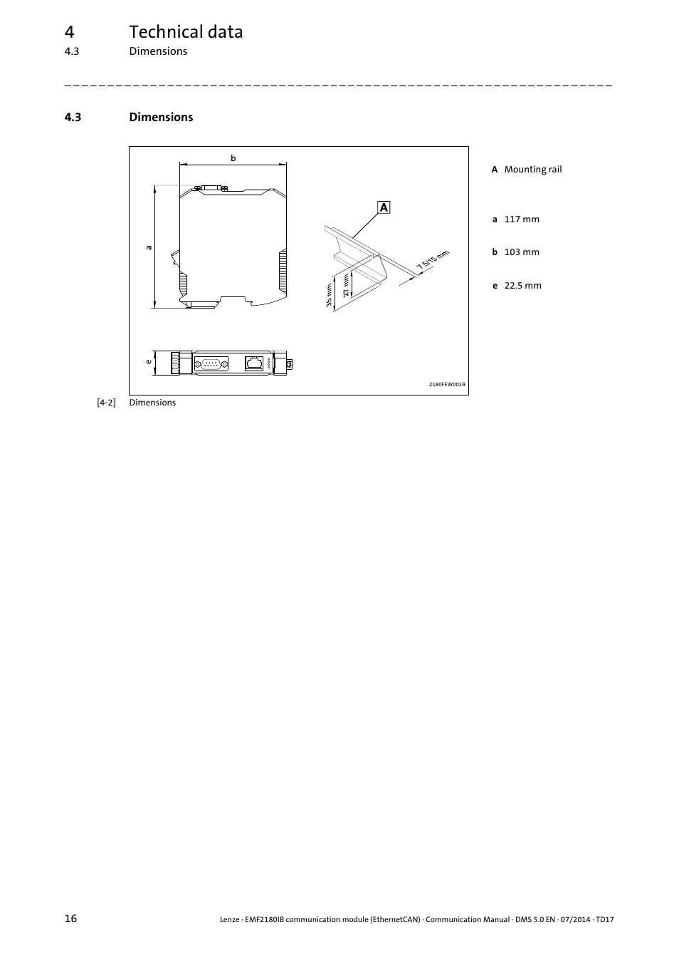 3 dimensions, Dimensions, 4technical data | Lenze EMF2180IB User Manual | Page 16 / 71