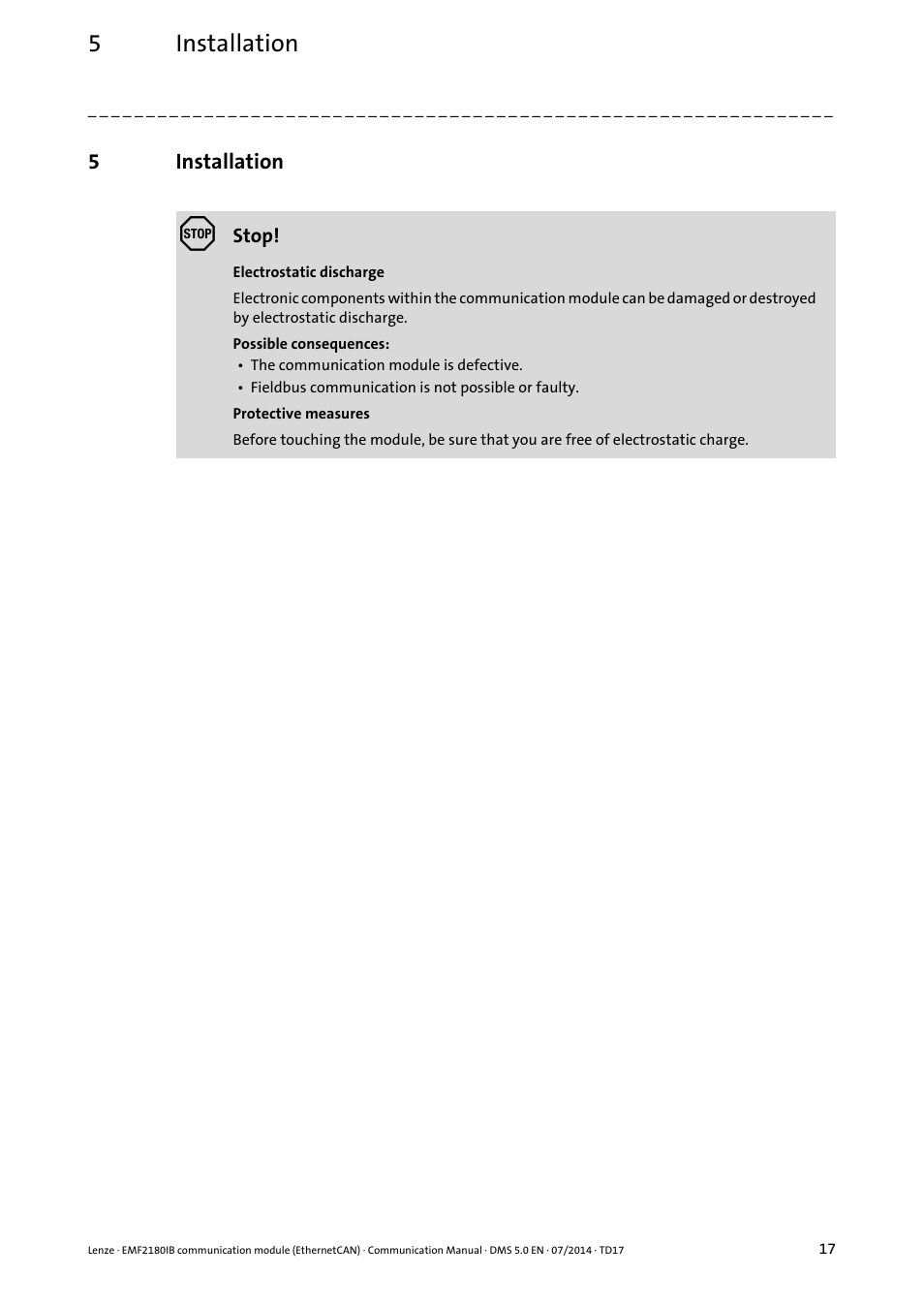 5 installation, Installation, 5installation | Lenze EMF2180IB User Manual | Page 17 / 71