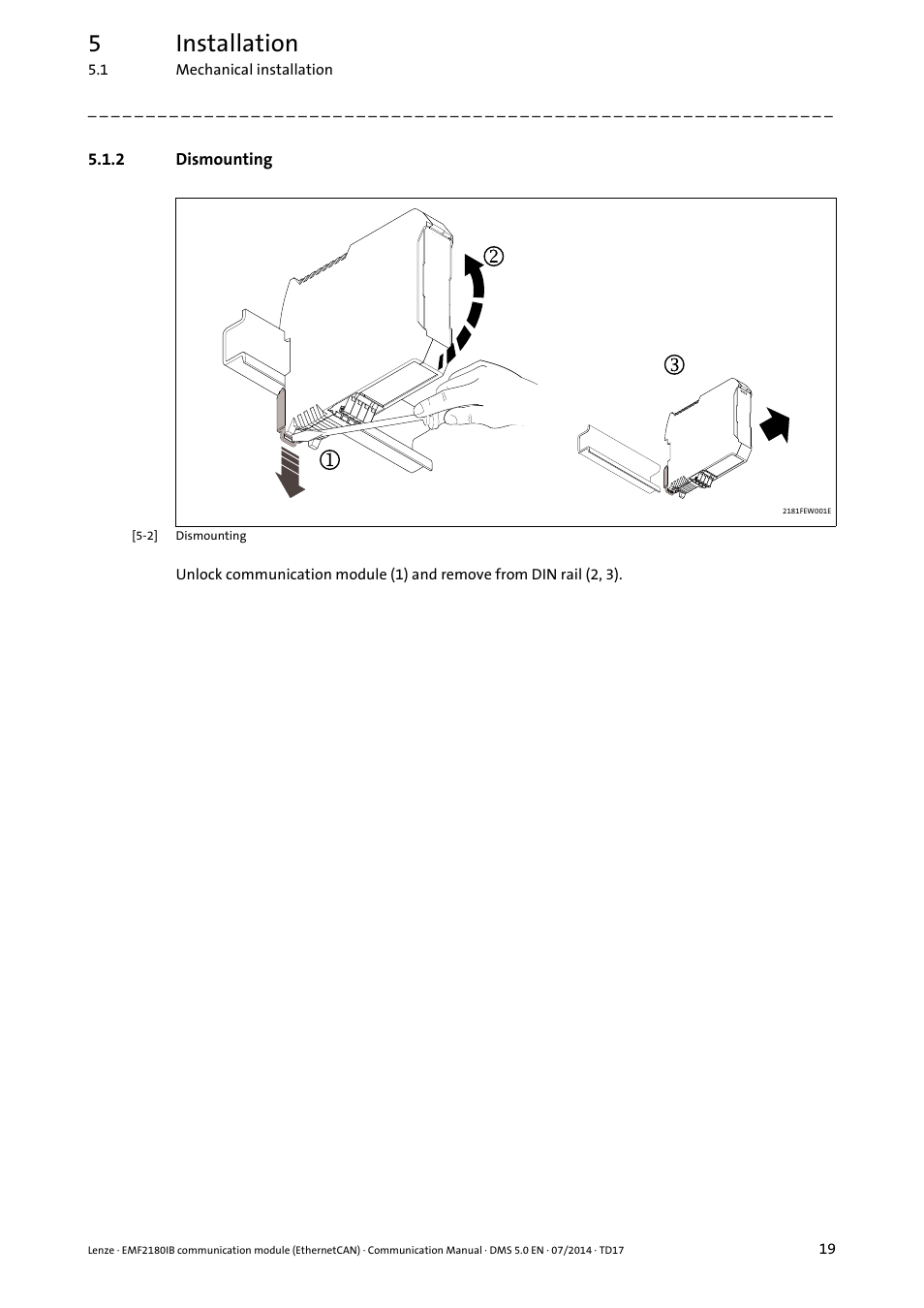 2 dismounting, Dismounting, 5installation | Lenze EMF2180IB User Manual | Page 19 / 71