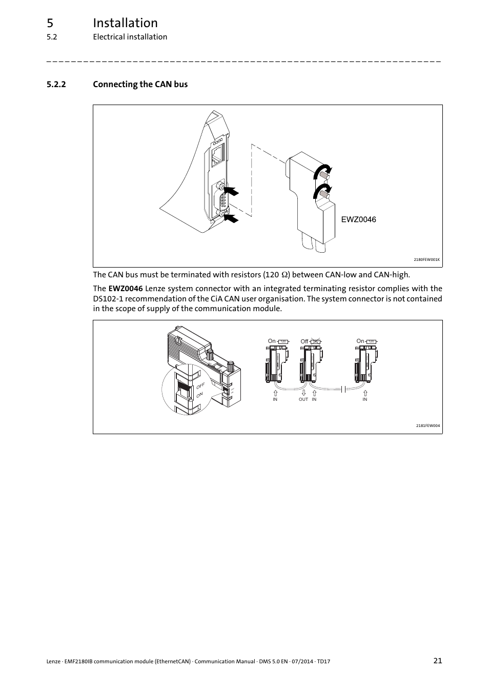 2 connecting the can bus, Connecting the can bus, Connecting the can bus ( 21) | 5installation, 2 electrical installation | Lenze EMF2180IB User Manual | Page 21 / 71