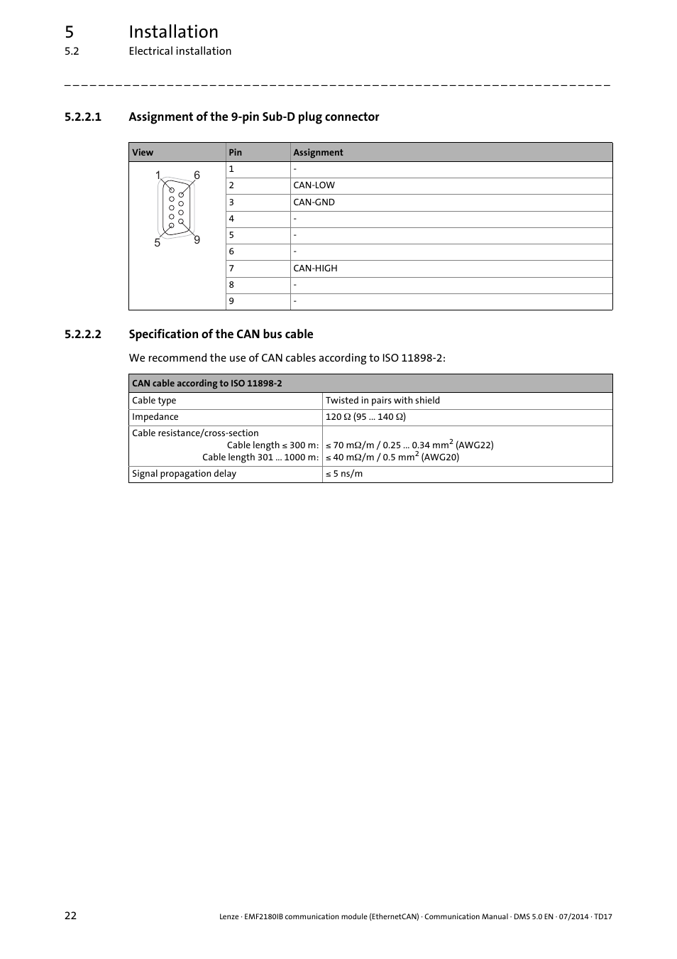 1 assignment of the 9-pin sub-d plug connector, 2 specification of the can bus cable, Assignment of the 9-pin sub-d plug connector | Specification of the can bus cable, 5installation | Lenze EMF2180IB User Manual | Page 22 / 71