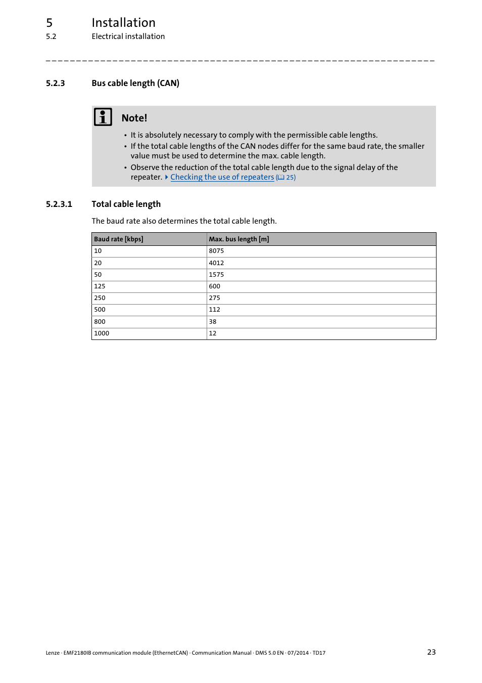 3 bus cable length (can), 1 total cable length, Bus cable length (can) | Total cable length, 5installation | Lenze EMF2180IB User Manual | Page 23 / 71