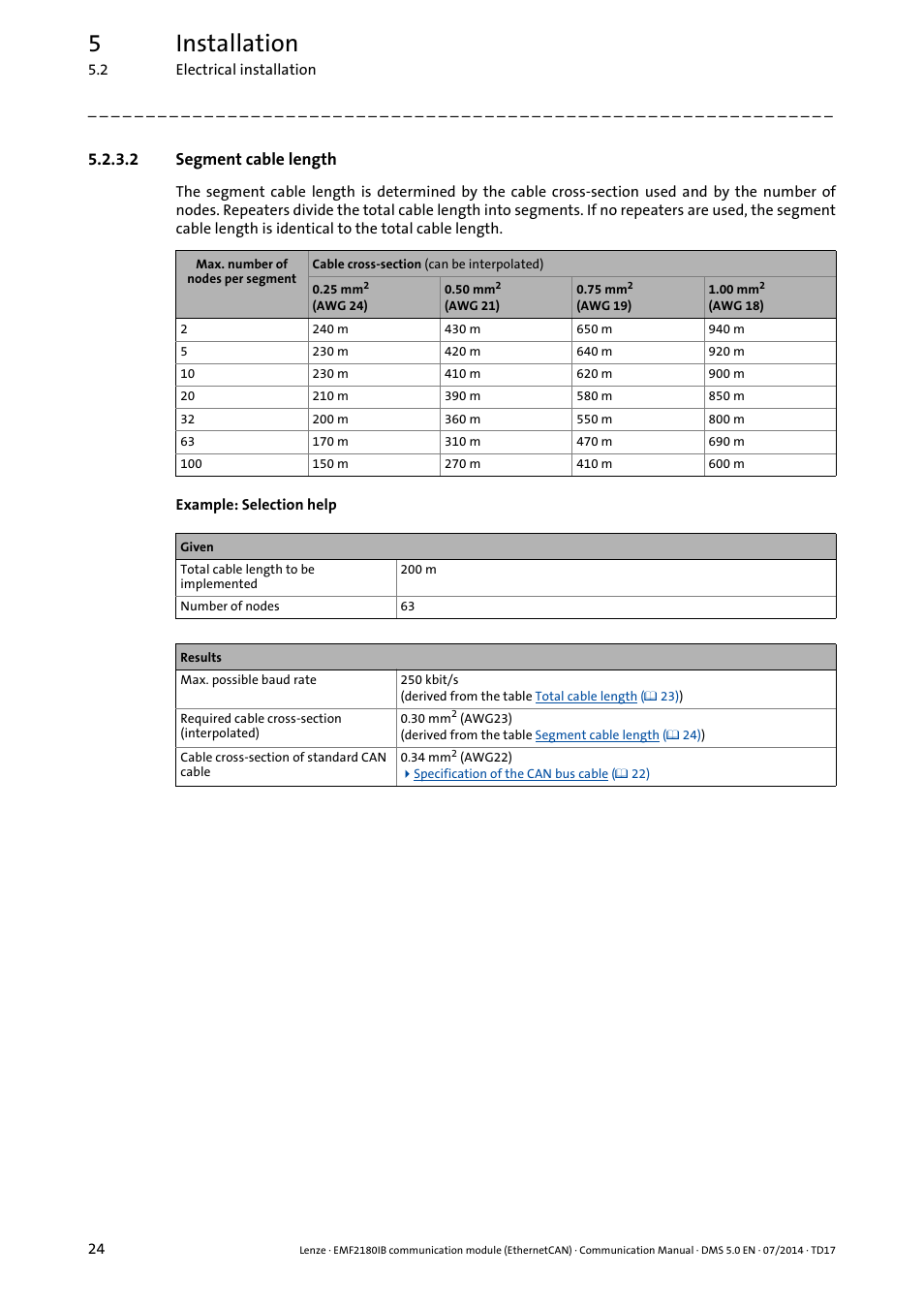 2 segment cable length, Segment cable length, 5installation | Lenze EMF2180IB User Manual | Page 24 / 71