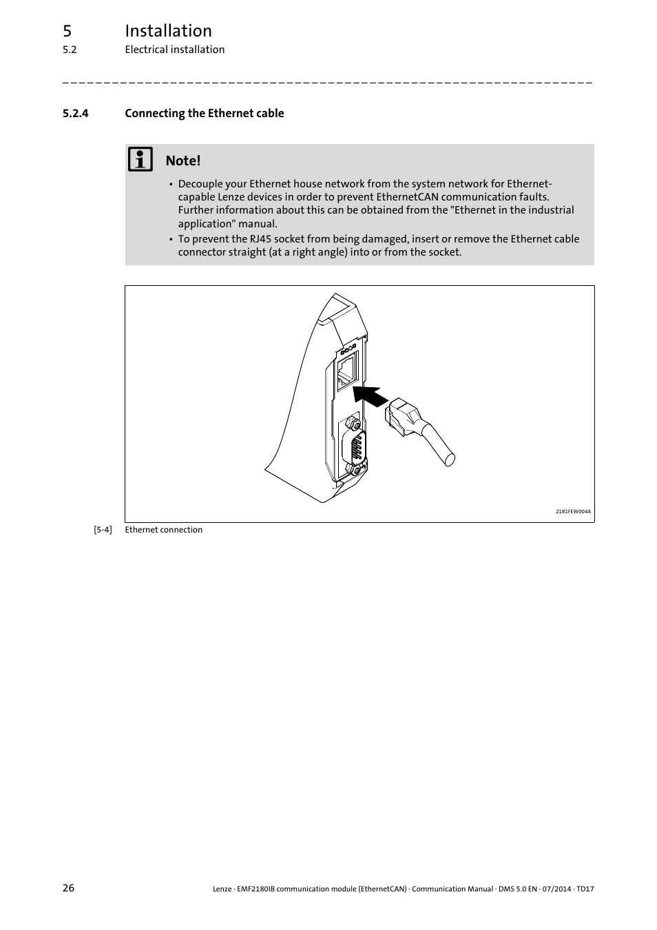 4 connecting the ethernet cable, Connecting the ethernet cable, 5installation | Lenze EMF2180IB User Manual | Page 26 / 71
