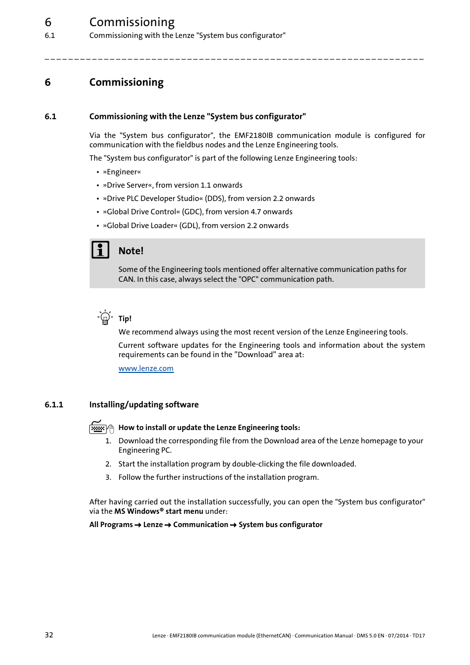 6 commissioning, 1 installing/updating software, Commissioning | Installing/updating software, 6commissioning | Lenze EMF2180IB User Manual | Page 32 / 71