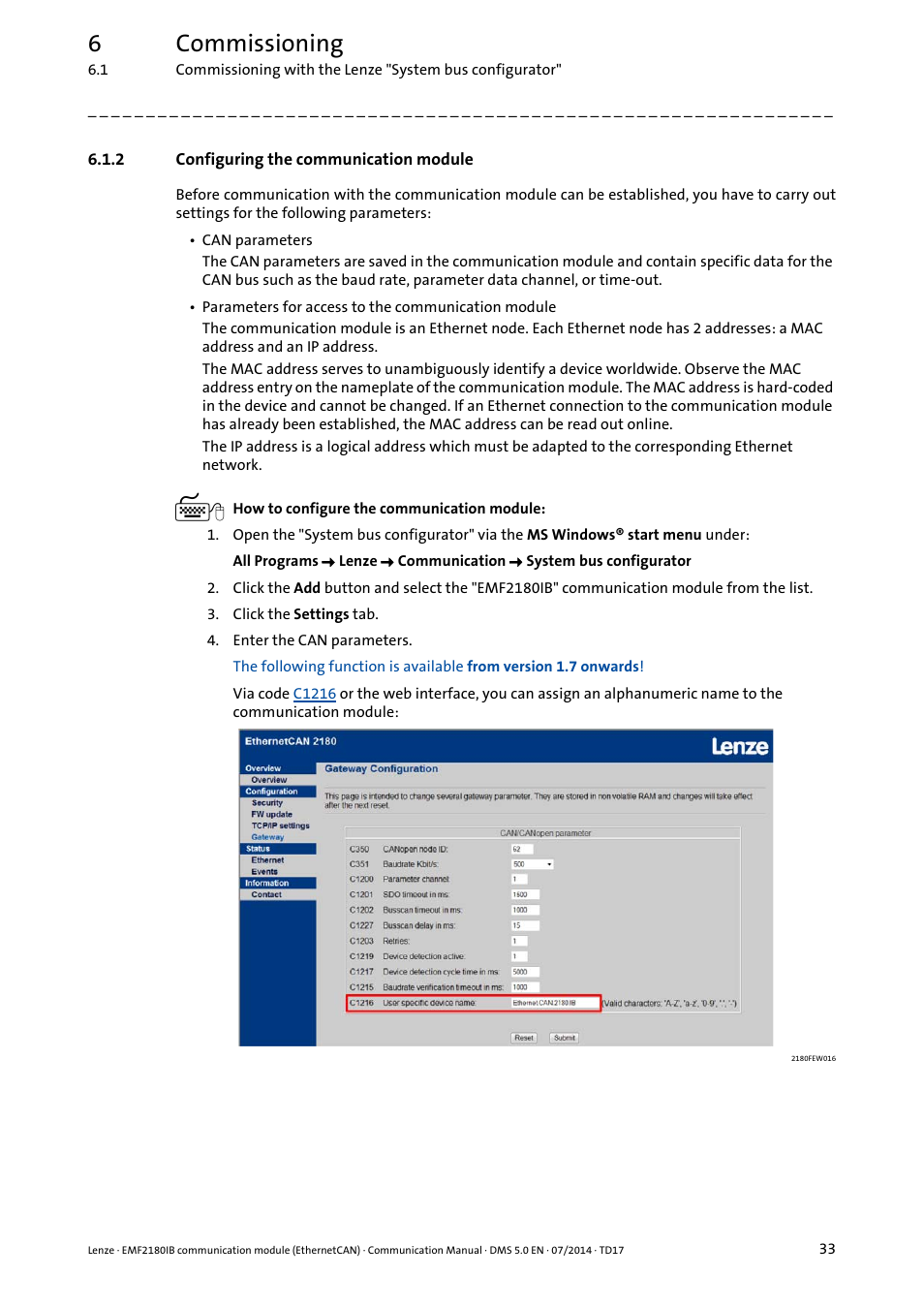 2 configuring the communication module, Configuring the communication module, 6commissioning | Lenze EMF2180IB User Manual | Page 33 / 71