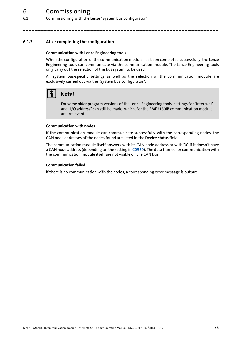 3 after completing the configuration, After completing the configuration, 6commissioning | Lenze EMF2180IB User Manual | Page 35 / 71