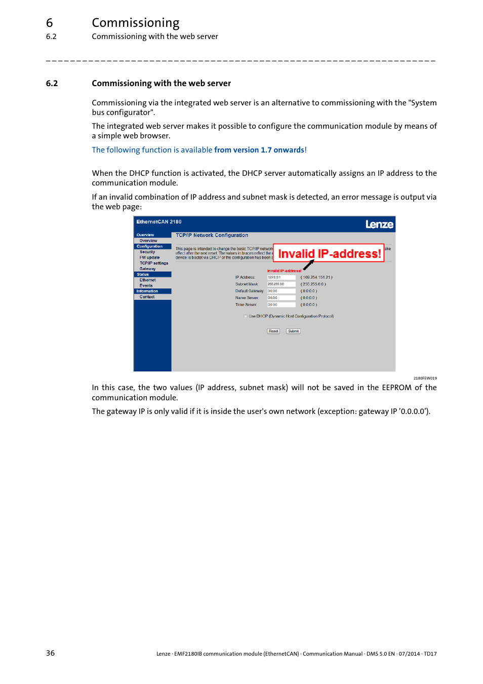 2 commissioning with the web server, Commissioning with the web server, 6commissioning | Lenze EMF2180IB User Manual | Page 36 / 71