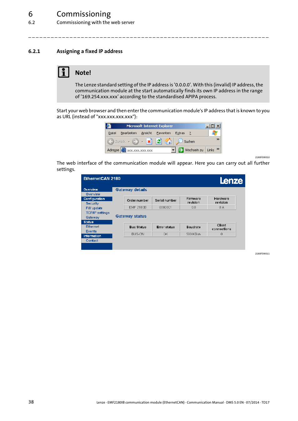 1 assigning a fixed ip address, Assigning a fixed ip address, 6commissioning | Lenze EMF2180IB User Manual | Page 38 / 71