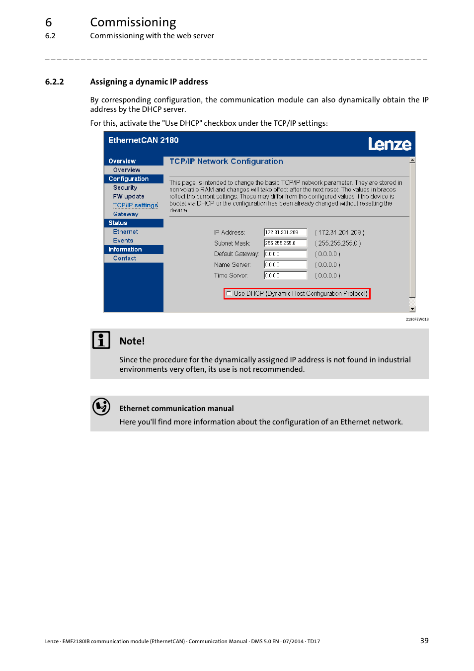 2 assigning a dynamic ip address, Assigning a dynamic ip address, 6commissioning | Lenze EMF2180IB User Manual | Page 39 / 71