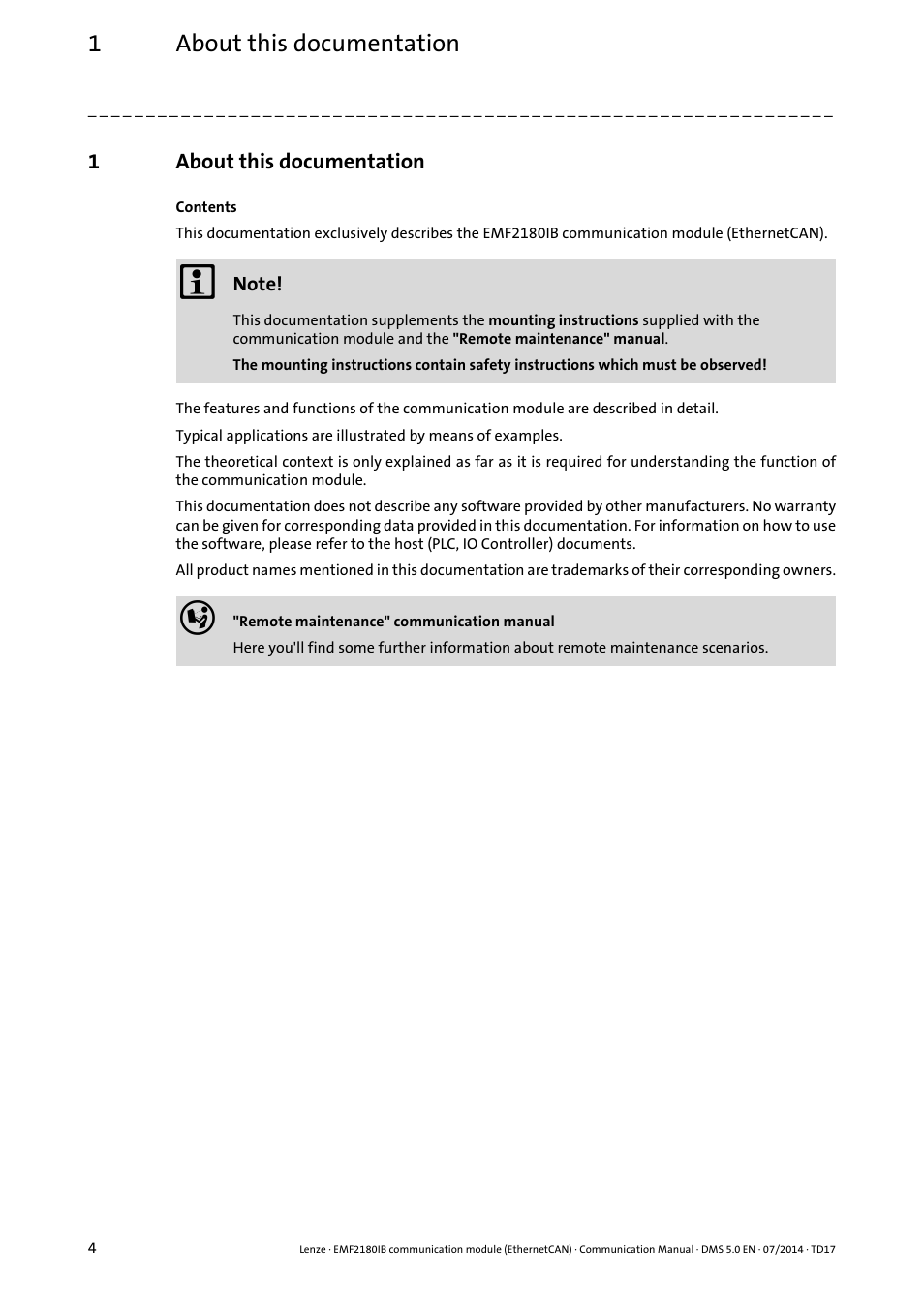 1 about this documentation, About this documentation, 1about this documentation | Lenze EMF2180IB User Manual | Page 4 / 71