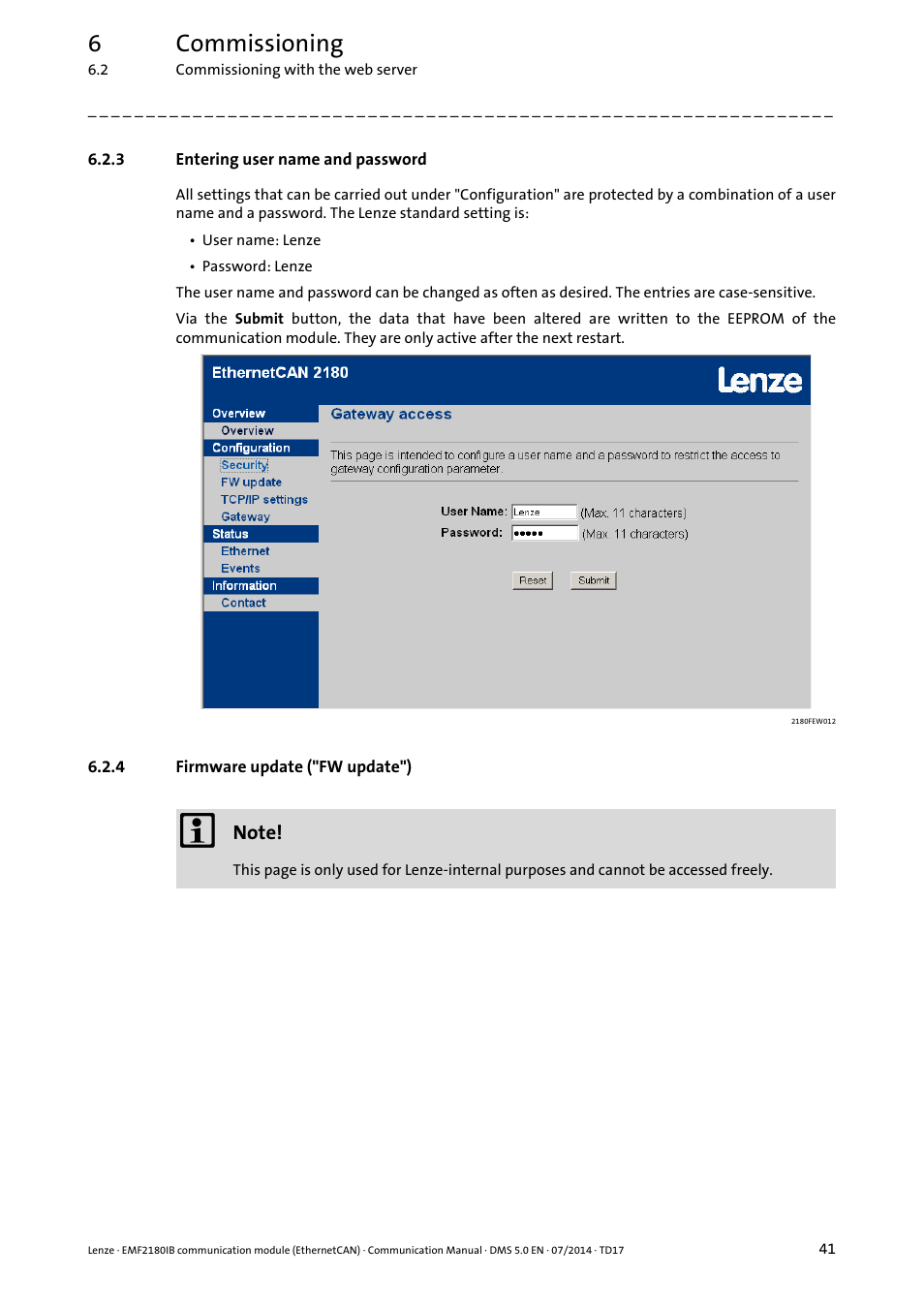 3 entering user name and password, 4 firmware update ("fw update"), Entering user name and password | Firmware update ("fw update"), 6commissioning | Lenze EMF2180IB User Manual | Page 41 / 71