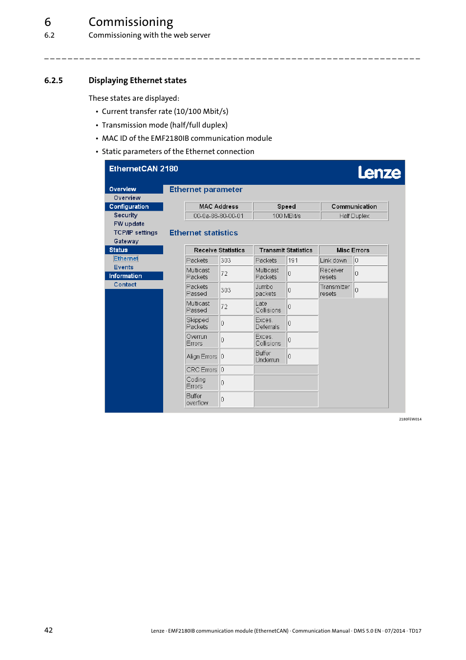 5 displaying ethernet states, Displaying ethernet states, 6commissioning | Lenze EMF2180IB User Manual | Page 42 / 71