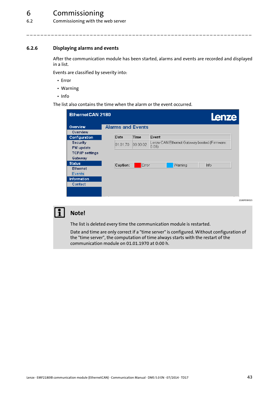 6 displaying alarms and events, Displaying alarms and events, 6commissioning | Lenze EMF2180IB User Manual | Page 43 / 71